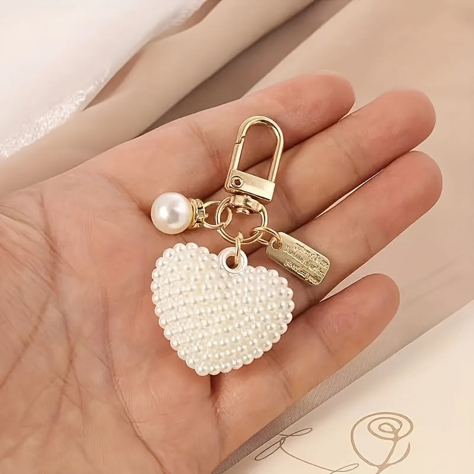 1 piece of heart -shaped imitation pearl beaded keychain, headphone box bag, key ring pendant,Key chain