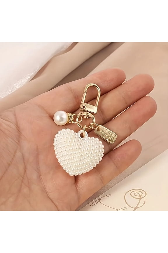 1 piece of heart -shaped imitation pearl beaded keychain, headphone box bag, key ring pendant,Key chain