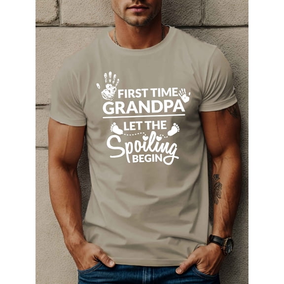 1 piece of men's T-shirt for first-time grandpas, casual round neck, polyester knit T-shirt, geometric print, regular fit, stretchy fabric, 150g/m²