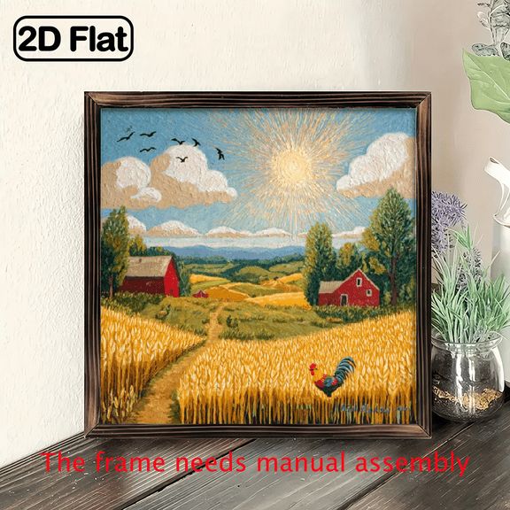 1 piece of retro farmhouse mural - rural barn wheat field painting with red roof barn, golden wheat field, rural decoration - farmhouse living room, kitchen, office decoration 8 * 8 inches