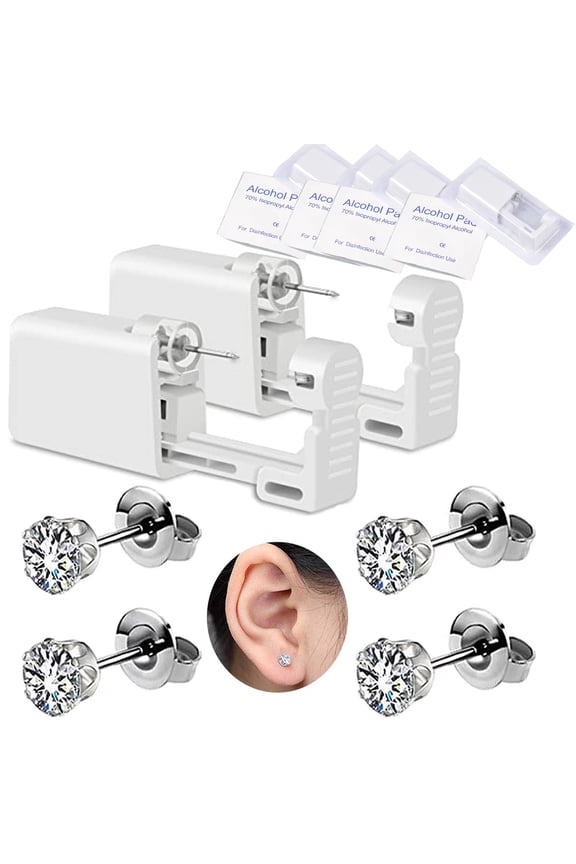 1-piece self-ear piercing gun, disposable ear piercing gun set, safety ear piercing gun set with earrings (silver)