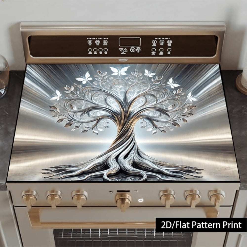 1 piece, stove panel and cooktop panel protection pad, 2D flat butterfly life tree pattern kitchen decorative countertop pad, suitable for stoves, washing machines, dryers, coffee machines, multi-fun