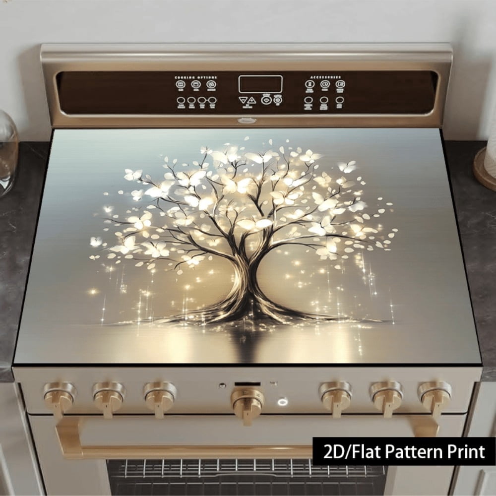 1 piece, stove panel and cooktop panel protection pad, 2D flat dreamy butterfly life tree pattern kitchen decorative countertop pad, suitable for stoves, washing machines, dryers, coffee machines, mu