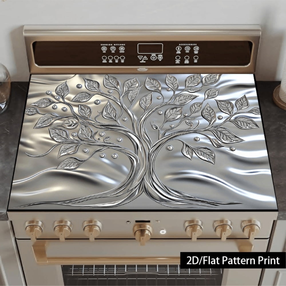 1 piece, stove panel and cooktop panel protection pad, 2D flat life tree pattern kitchen decorative countertop pad, suitable for stoves, washing machines, dryers, coffee machines, multi-functional ki