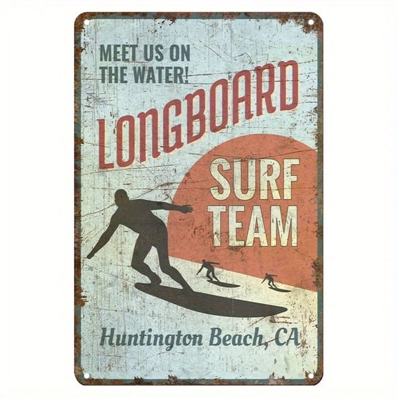1-piece vintage metal tin plaque for longboard surfing teams, wrought iron wall decoration, suitable for home, cafe, and living room décor, retro surfing-themed plaque, perfect room decor.