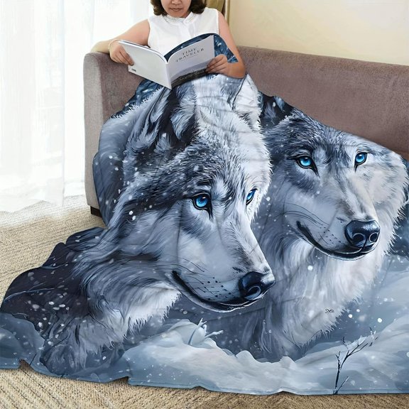 1 piece wolf print blanket | Soft plush all-season thermal bedspread, wolves roar under the moon design, suitable for beds, home decor - ideal for wolf lovers and nature-themed interiors