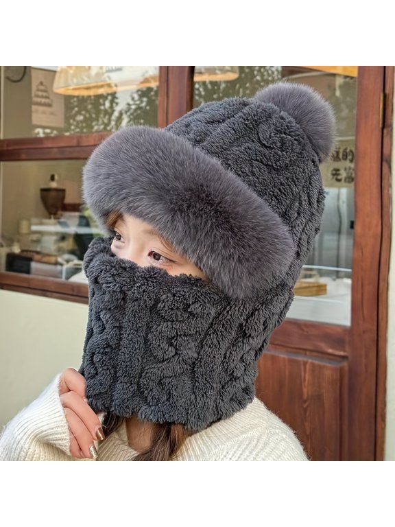 1 piece women's winter velvet warm earmuff hat, one-piece design for outdoor cycling, warm full face mask hood, thickened ear protection design