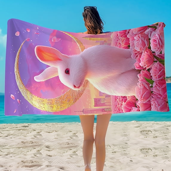 1 pink rabbit and moon pattern beach towel, light and soft oversized ...