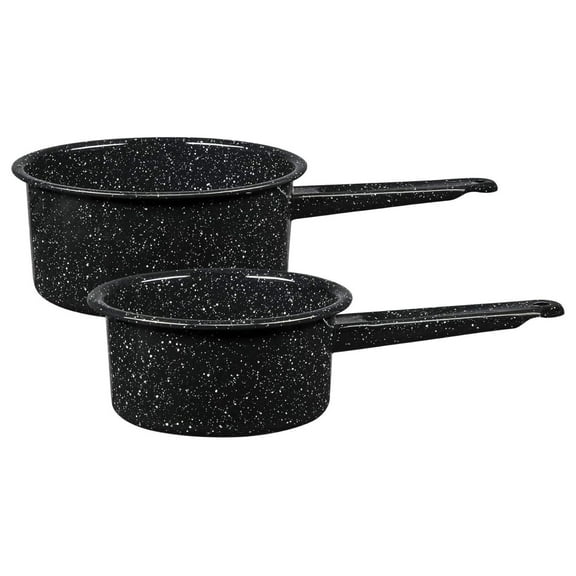 1 qt y 2 qt saucepan set. Enameled steel great for camping, outdoor use, suitable for oven and direct fire. 1-Quart & 2-Quart 1 qt & 2 qt Open Saucepan Set Speckled Black