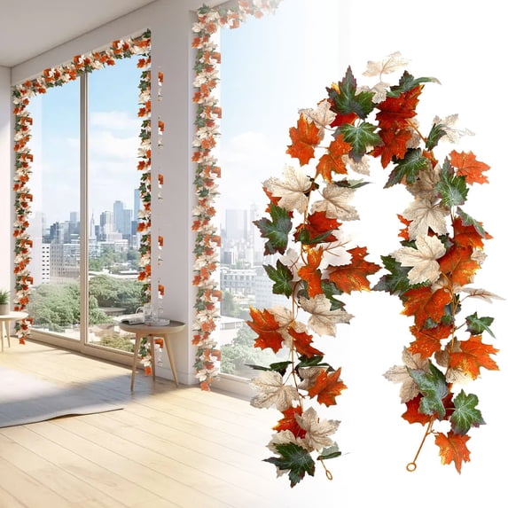 1 rattan Artificial Maple Garland Hanging Rattan – Multicolor Fall Pumpkin Vine | Plastic Halloween Thanksgiving Fireplace Mantel Table Decor Reusable Indoor Home Decor