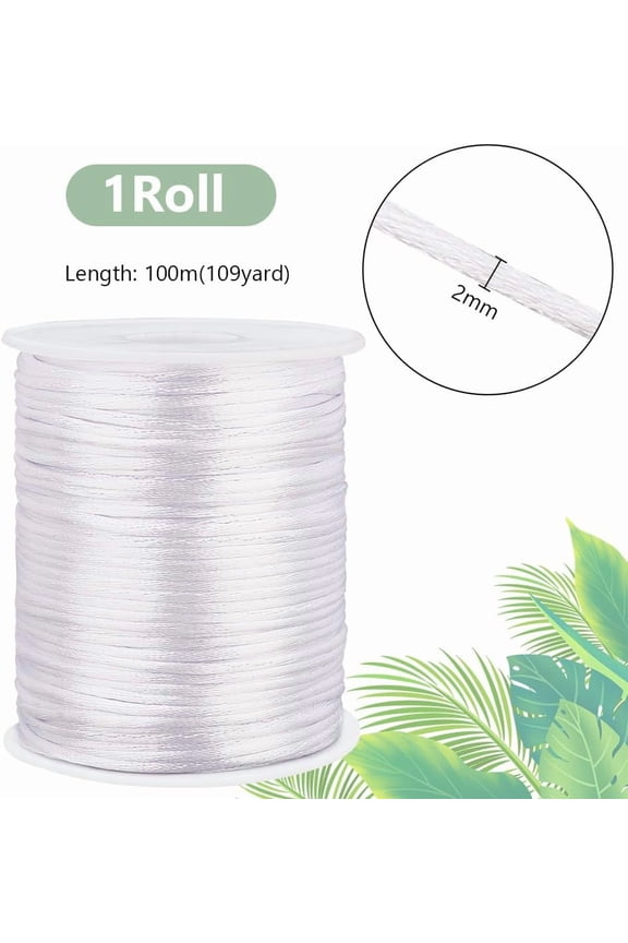 1 roll 109yards Silky Rattail Cord 2mm White Satin Rattail Cord String Silk Crafts Cords String Bracelet String for Bracelets Necklaces Dream Catchers Macrame Keychains Lanyards Braid
