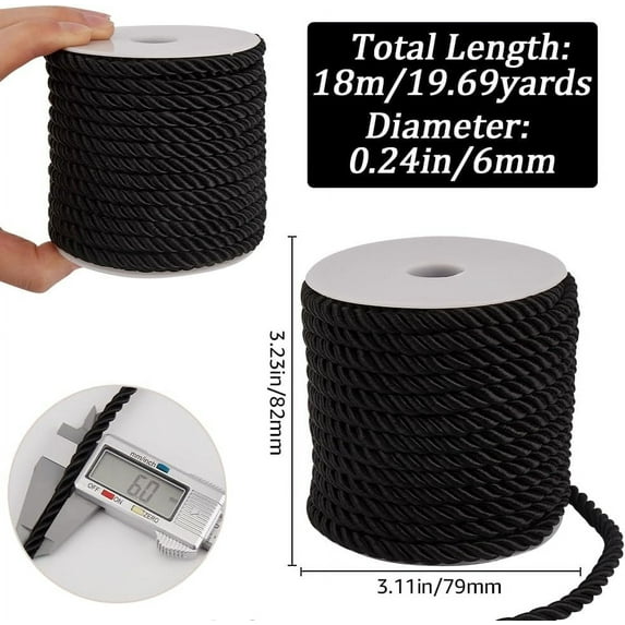 1 roll 20 Yards Trim Cord 6mm/0.24" Polyester Twist Rope Twine Decorative Cording Thread String Ribbon for Home Decor Curtain Tieback Upholstery Honor Cord Sewing Crafting Black