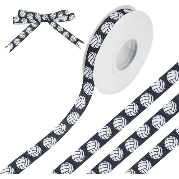 1 roll 20 yard Black Sport Ball Printed Polyester Grosgrain Ribbon 5/8 Inch Vintage One-Sided Fabric Satin Volleyball Ribbon for Team Hair Bows Wreath Sport Lanyards Party Decoratio