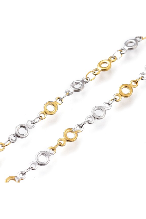 1 roll 304 Stainless Steel Round Ring Link Chains with Spool Soldered Golden Stainless Steel color Round Ring Link: 9x4x1mm Link: 3.5x2x0.2mm 16.4 Feet(5m)/roll