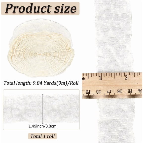 1 roll 9m*38mm Chiffon Flower Ribbon White Puff Pleated Trim Wired Floral Double Chiffon Ruffled Edge Flower Polyester Ruffle Lace Trim for Wedding Dress Bouquet Presents Packing Hair Crafts Bow