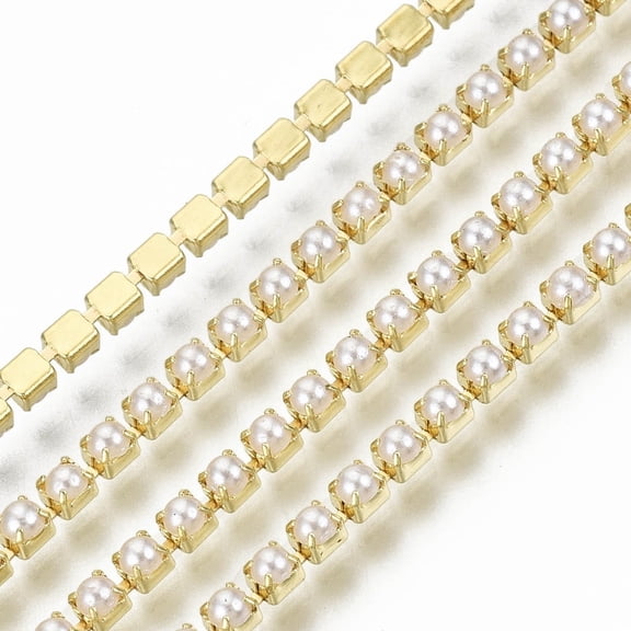 1 roll Brass Claw Chains with Plastic Imitation Pearl Beads with Spool Golden SS6.5 2~2.1mm 10yards/roll(9.14m/roll)