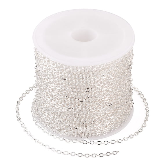1 roll Brass Coated Iron Flat Cable Chains Soldered with Spool Flat Oval Silver 2.5x2x0.3mm 32.81 Feet(10m)/Roll
