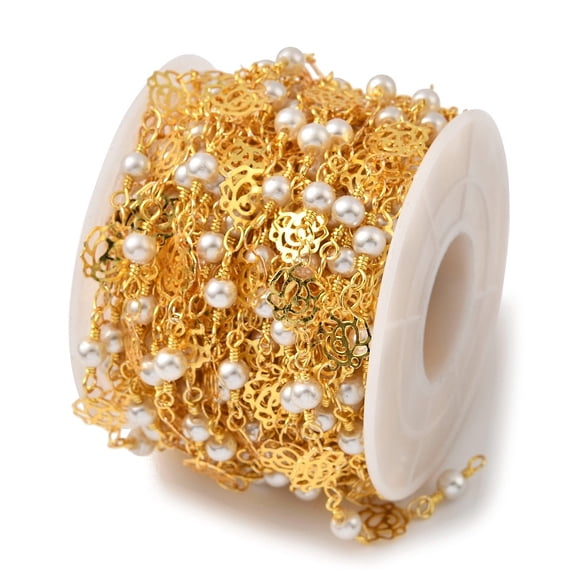 1 roll Brass Link Chains with ABS Imitation Pearl Unwelded with Spool Rose Real 18K golden Plated 8x10x0.3mm 32.81 Feet(10m)/Roll