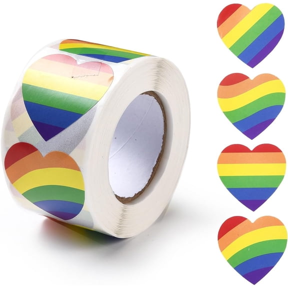 1 roll Heart Roll Stickers Self-Adhesive Paper Gift Tag Stickers for Party Decorative Presents Colorful Rainbow Pattern 38x38x0.1mm 500pcs/roll