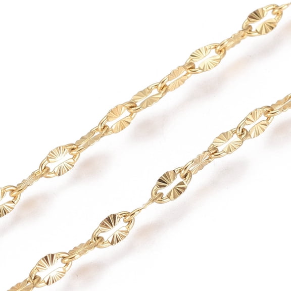 1 roll Ion Plating(IP) 304 Stainless Steel Textured Dapped Chains Cable Chains Soldered Flat Oval Golden 4x2x0.5mm 32.8 Feet(10m)/roll