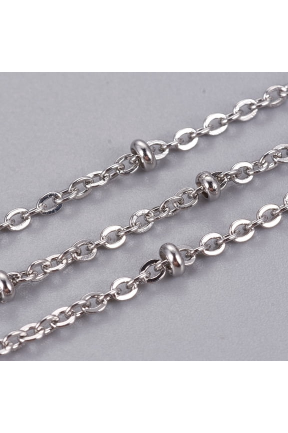 1 roll Tarnish Resistant 304 Stainless Steel Cable Chains Satellite Chains with Beads with Spool Soldered Stainless Steel color 2.5x2x0.4mm 65.61 Feet(20m)/roll