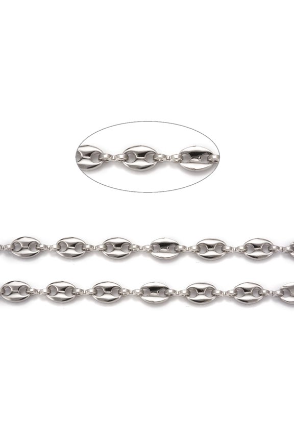 1 roll Tarnish Resistant 304 Stainless Steel Coffee Bean Chains with Spool Unwelded Stainless Steel color 7.3x5.2x1.4mm 32.8 Feet(10m)/roll