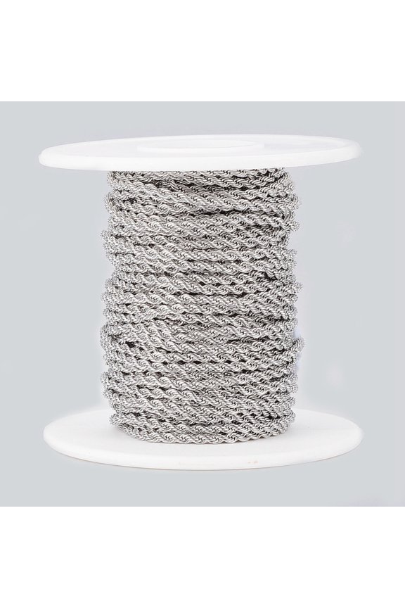 1 roll Tarnish Resistant 304 Stainless Steel Rope Chains with Spool Unwelded Stainless Steel color 2x2mm 32.8 Feet(10m)/roll