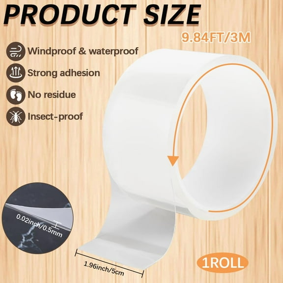 1 roll Window Weather Sealing Tape Transparent Adhesive Stripping No Clear Gap Insulation Caulk Single Sided Strong Sticky for Shower Glass Door Draft Stopper Windproof Weatherproof