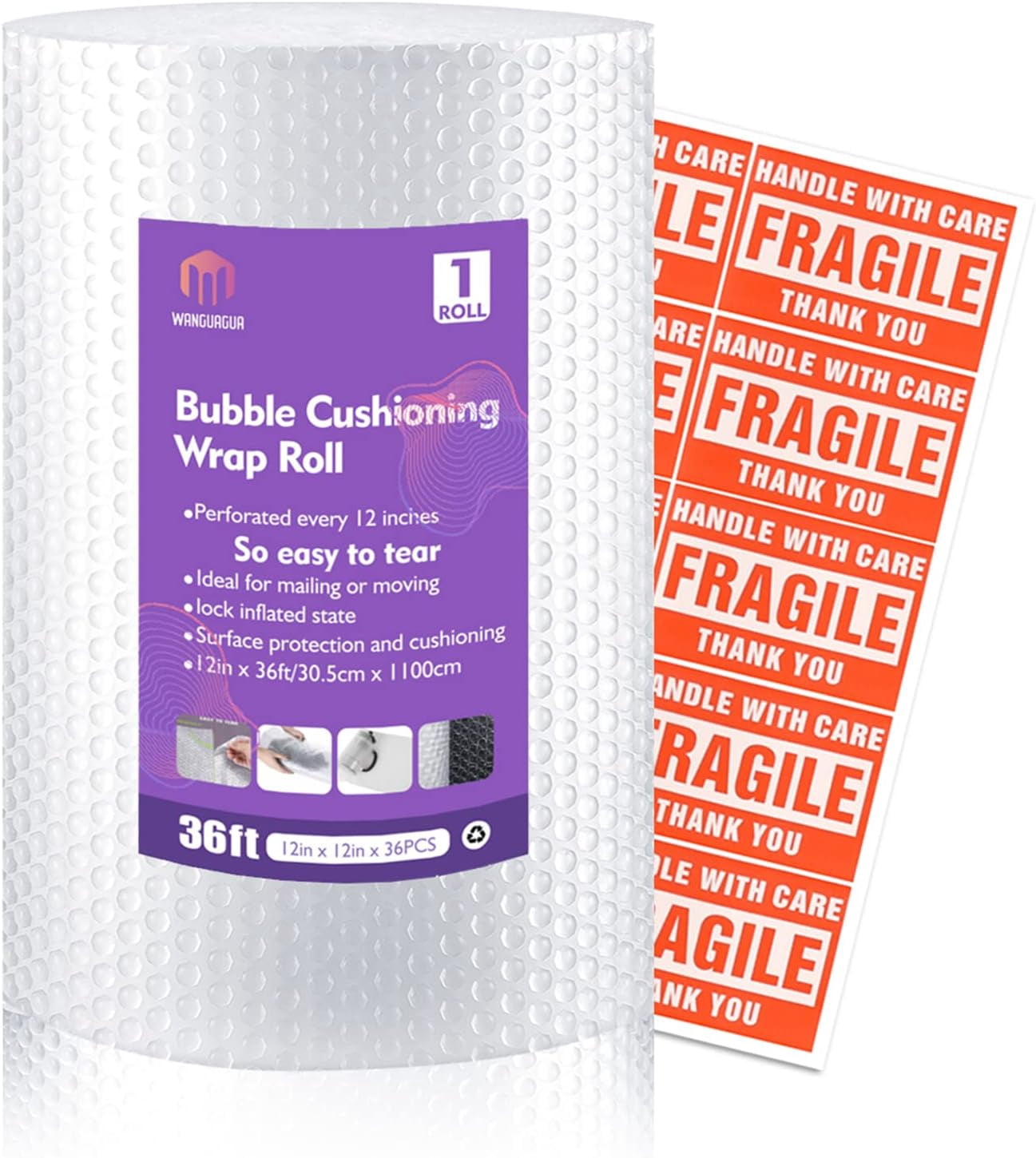 1 roll of 12-inch by 36-foot perforated nylon bubble wrap, used as transport cushioning material for moving boxes.