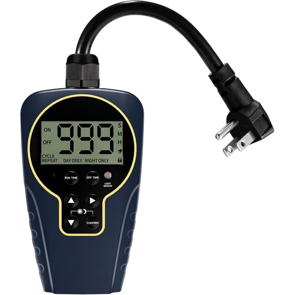 1 s to 999 h Short/Long On-Off Interval Repeat Cycle Timer Plug Outlet with Countdown and Light Sensor, Waterproof for Outdoor (15A 1HP)