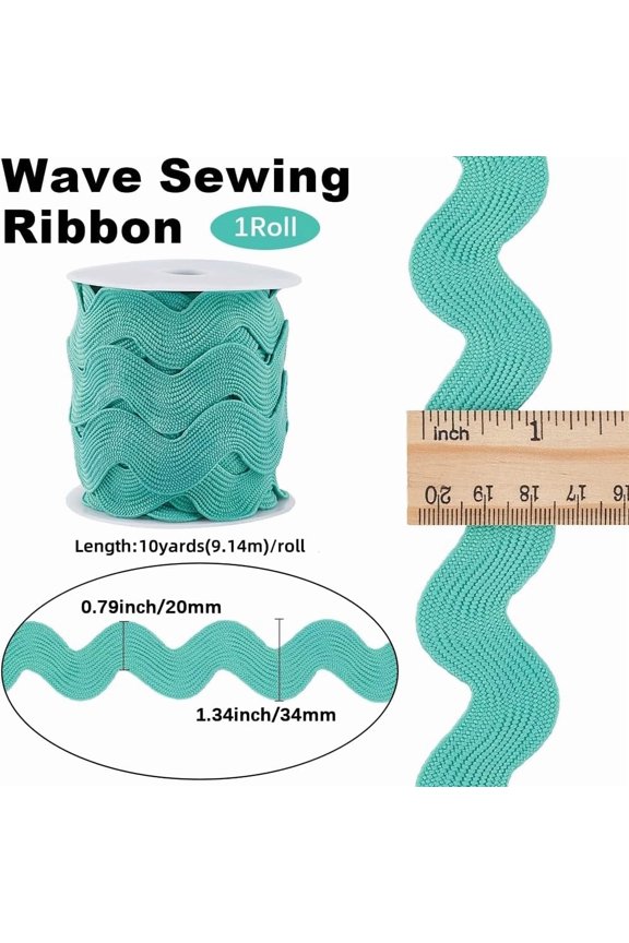 1 set 1.34 Inch RIC Rac Ribbon Jumbo Rick Rack Trim 10 Yards Christmas Lake Green Zig Zag Rickrack Wave Bending Fringe Trim Woven Fabric S Shaped Lace with Spool for Sewing Crafts
