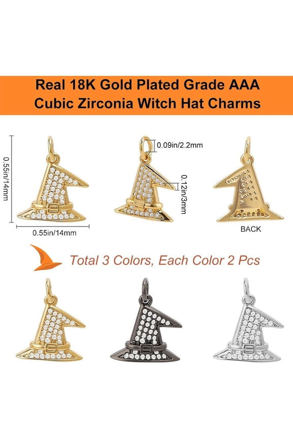 1 set 1 Box 6Pcs Witch Hat Charm Real 18K Gold Plated Cubic Zirconia Wizard Hats Charms with Jump Ring for DIY Earrings Bracelets Necklace Jewelry Making