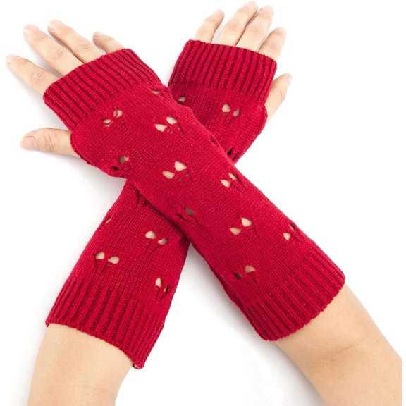 1 set 1 Pair Warm Knitted Acrylic Fiber Stripe Half Sleeve Gloves Women's Autumn and Winter Exposed Finger Sleeve Red 290x90mm