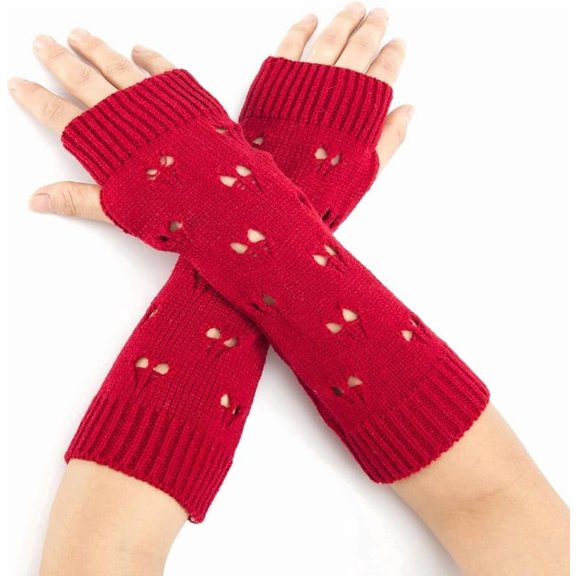 1 set 1 Pair Warm Knitted Acrylic Fiber Stripe Half Sleeve Gloves Women's Autumn and Winter Exposed Finger Sleeve Red 290x90mm