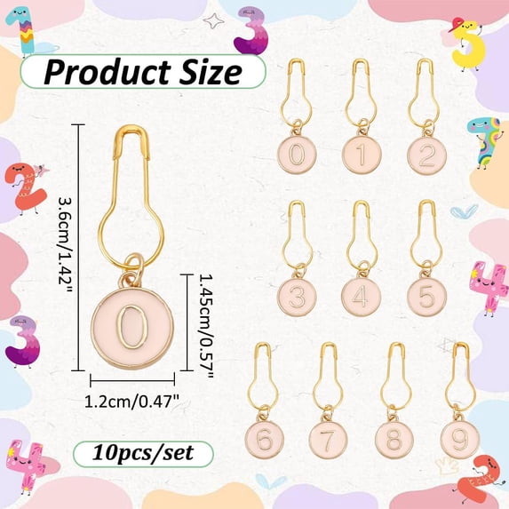 1 set 10 Pcs Number 0-9 Stitch Markers Alloy Enamel Crochet Stitch Marker Charms Locking Stitch Marker with Gourd Pins for Knitting Weaving Sewing Jewelry Making Misty Rose