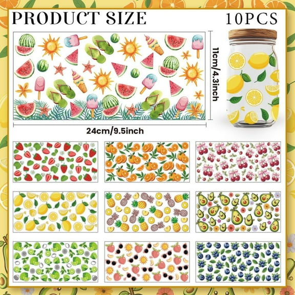 1 set 10 Sheets UV DTF Cup Wraps 10 Styles Fruits Transfer Stickers Cartoon Skull Rub on Decals Purple Waterproof Transfer Stickers for Glass Cups Wood Crafts