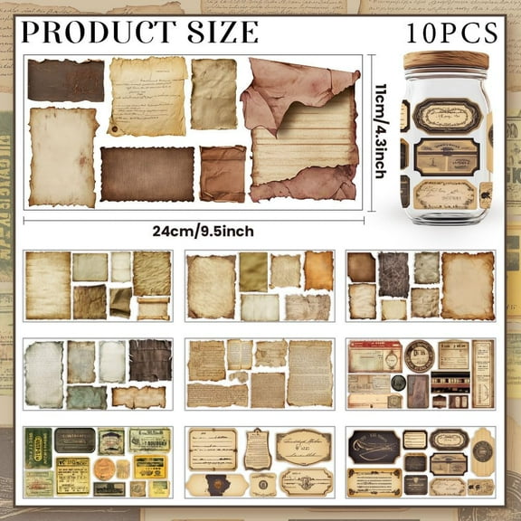 1 set 10 Sheets UV DTF Cup Wraps 10 Styles Vintage Aged Paper Decals Cartoon Rub on Decals Waterproof Transfer Stickers for Glass Cups Wood Crafts