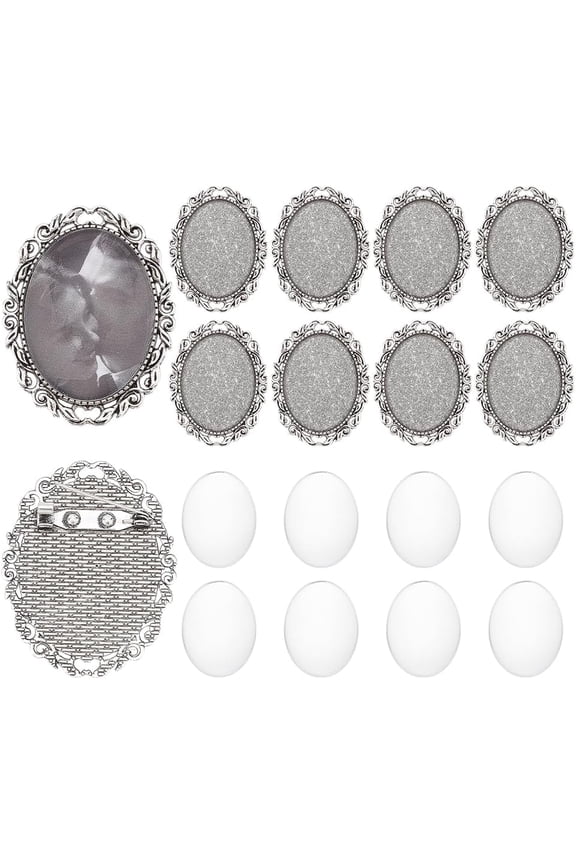 1 set 10 sets Brooch Cabochon Vintage Oval Cabochon Bezel Antique Silver Photo Brooch Blank Bezel with Clear Glass Cabochon Dome Memorial Photo Pins for Jewelry Making DIY Findings 51x40 mm Alloy