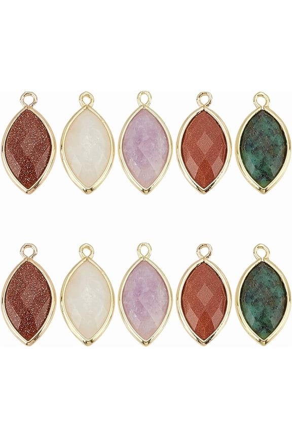 1 set 10pcs 5 styles Gemstone Faceted Horse Eye Pendants Goldstone Natural Sunstone & White Moonstone & Lepidolite & Tree Agate Charms with Brass Edge Golden 22x12x5.5mm Hole: 1.8mm 2pcs/style