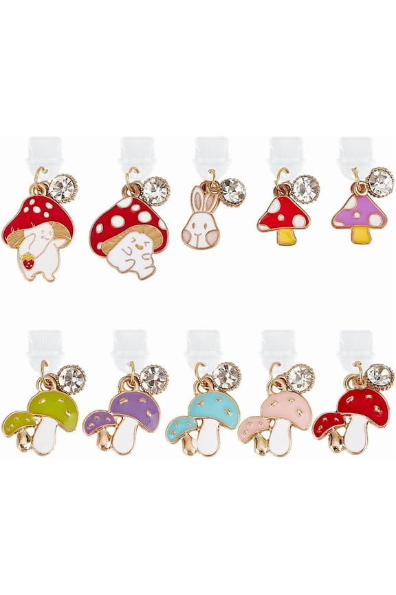 1 set 10pcs Plastic Mobile Dustproof Plugs with Alloy Enamel Mushroom Pendants Mixed color 2.7~3.6cm 10pcs/set