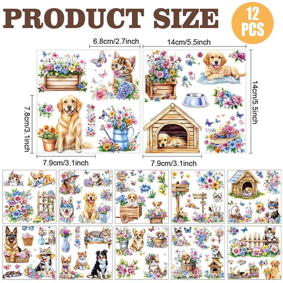1 set 12 Sheets 12 style PVC Stickers Heat Transfer Film for Window Decoration Dog 140x140mm 1 sheet/style