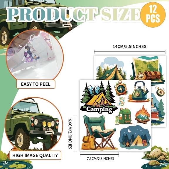 1 set 12 Sheets Camping Theme Rub on Transfers for Craft Campers Tents Transfer Sticker Furniture Decals Waterproof Stickers for Home Window Bedroom Living Room Water Bottle Glass Decoration