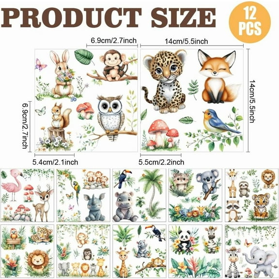 1 set 12 Sheets Rub On Transfer Stickers Cartoon Zoo Theme with Lion Tiger Elephant Panda Koala Parrot Ideal for Cartoon Land Kindergarten Dorm Decor 5.5 x 5.5 Inches