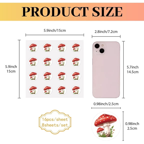 1 set 128Pcs Small Mushroom Stickers Mini Cartoon Sticker 0.98" Self-Adhesive Waterproof Plastic Teacher Reward Motivational Decals Round Dot Label for Laptop Album Mobile Phone Cup Summer Party