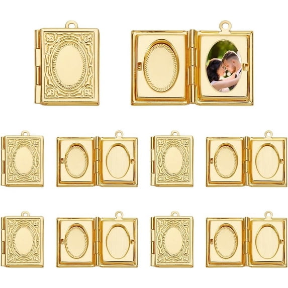 1 set 12Pcs Rectangle Book Photo Frame Pendant Charms Gold Photo Locket Charms with Loop Metal Memory Photo Pendants for Jewelry Making Necklace Bracelet DIY Crafts