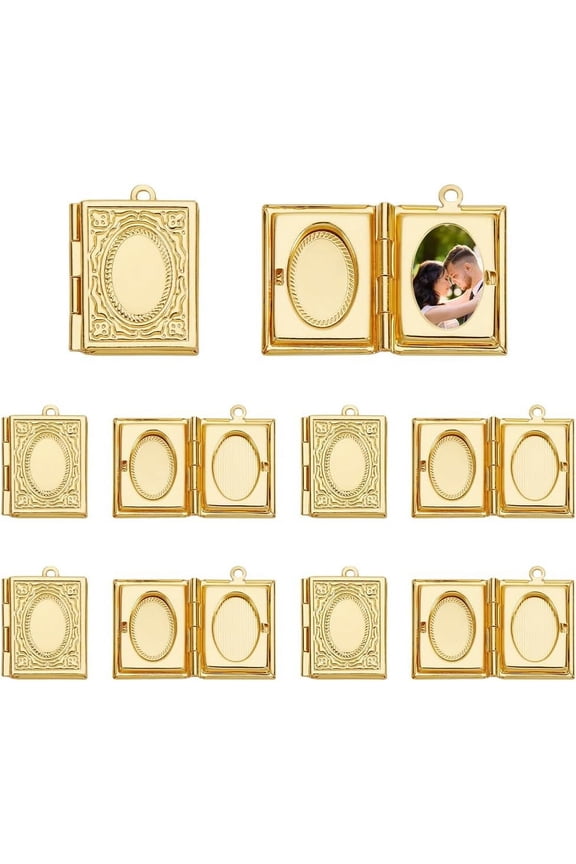 1 set 12Pcs Rectangle Book Photo Frame Pendant Charms Gold Photo Locket Charms with Loop Metal Memory Photo Pendants for Jewelry Making Necklace Bracelet DIY Crafts