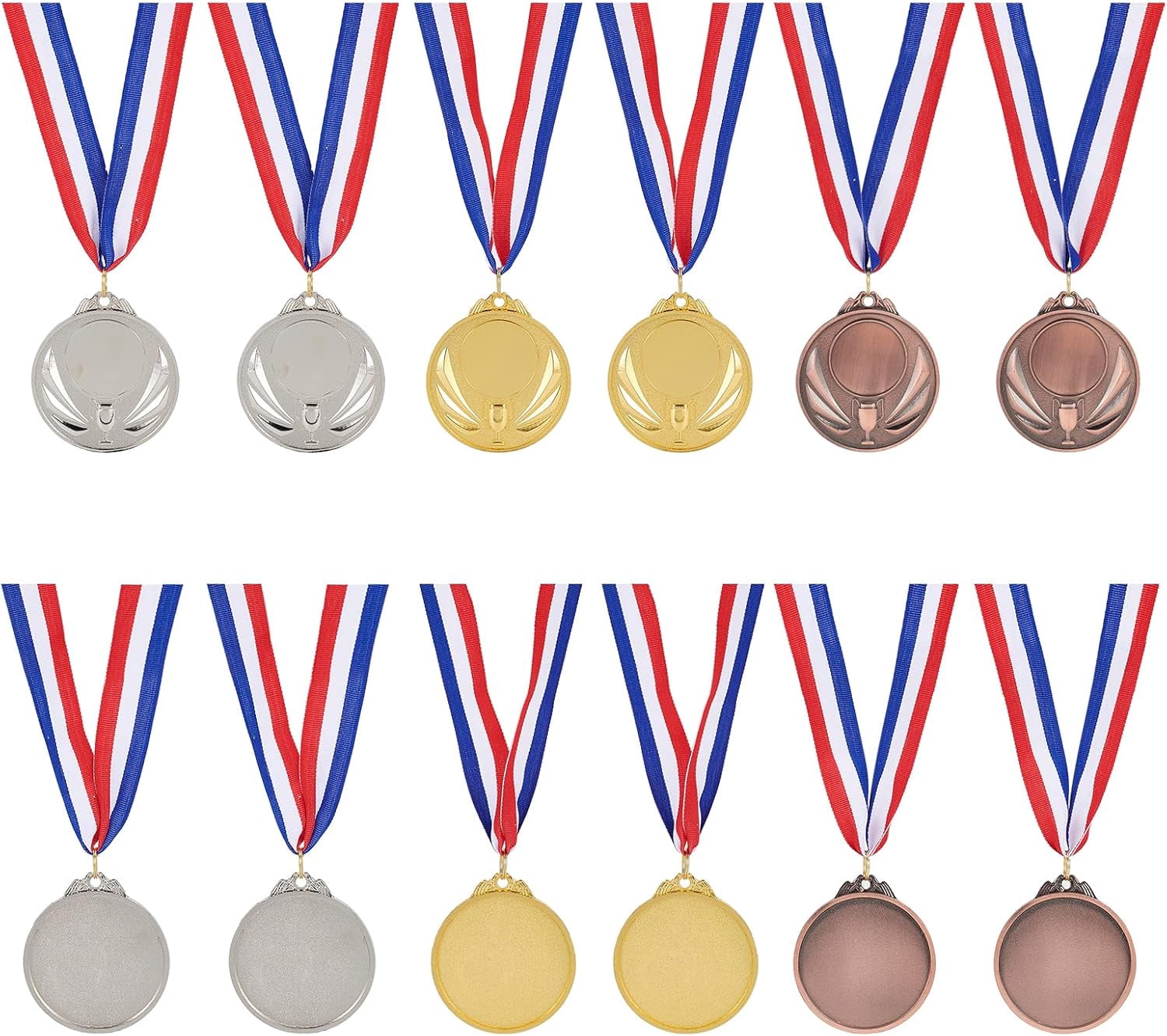 1 set 12pcs 3 colors Zinc Alloy Blank Award Medals with Polyester Cord Flat Round with Trophy Pattern Mixed color 19.76 inch(50.2cm) 4pcs/color