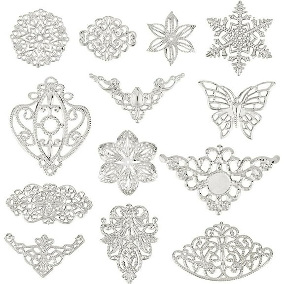 1 set 130pcs 13 styles Iron Filigree Joiners Links Etched Metal Embellishments Mixed Shapes Platinum 26~66x30~78.5x0.5~3mm Hole: 1.2~2.5mm 10pcs/style
