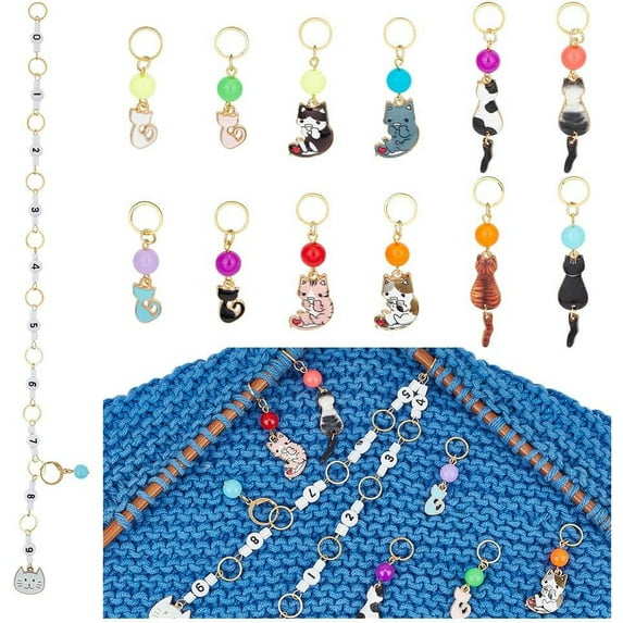 1 set 13pcs DIY Knitting Tool sets including Cat Shape Alloy Enamel Pendant Stitch Markers & Acrylic Beaded Knitting Row Counter Chains Mixed color 3.9~32cm Alloy+Enamel