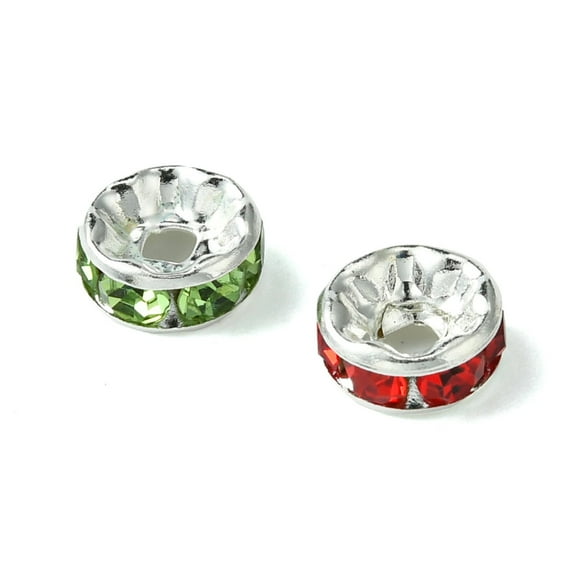 1 set 156pcs 12 styles Brass with Iron Rhinestone Spacer Beads Grade A Straight Flange Silver color Plated Rondelle Mixed color 7~8x3.5~3.8mm Hole: 1.5~2mm 13pcs/style